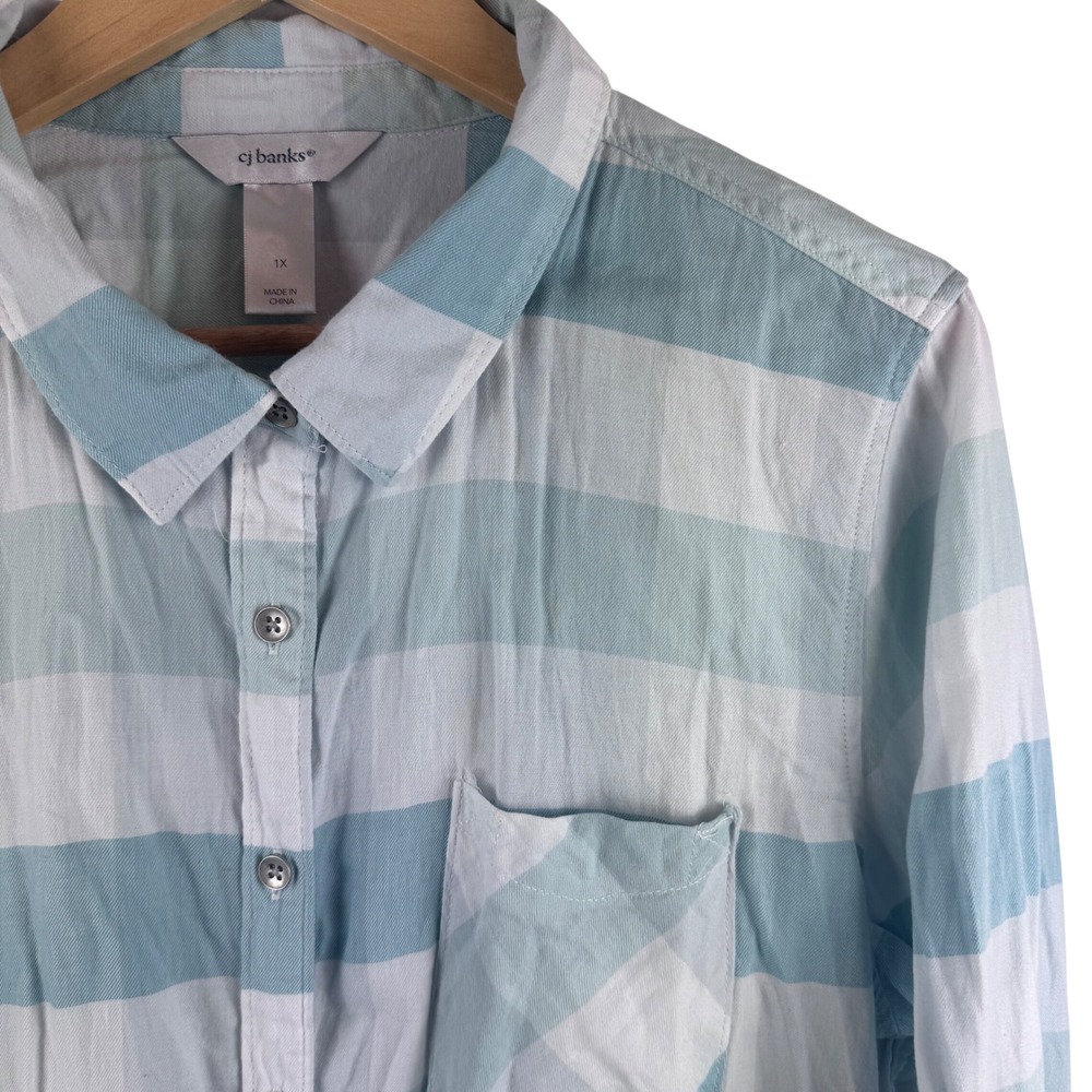 Cj Banks Button Down Shirt Womens 1X Blue White Striped Cotton Roll Tab Top